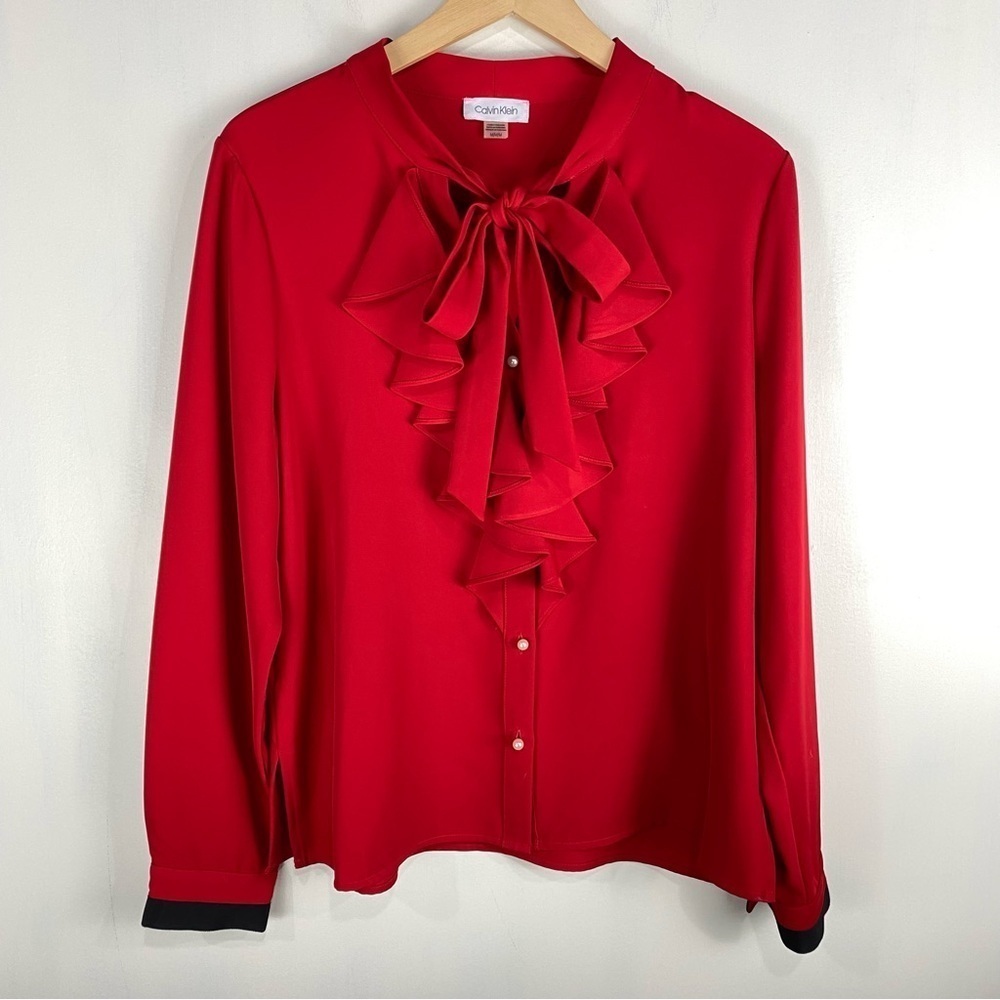 Calvin Klein Ruffle Tie Pearl Button Up Down Blouse Red Black Size Medium (NWOT)